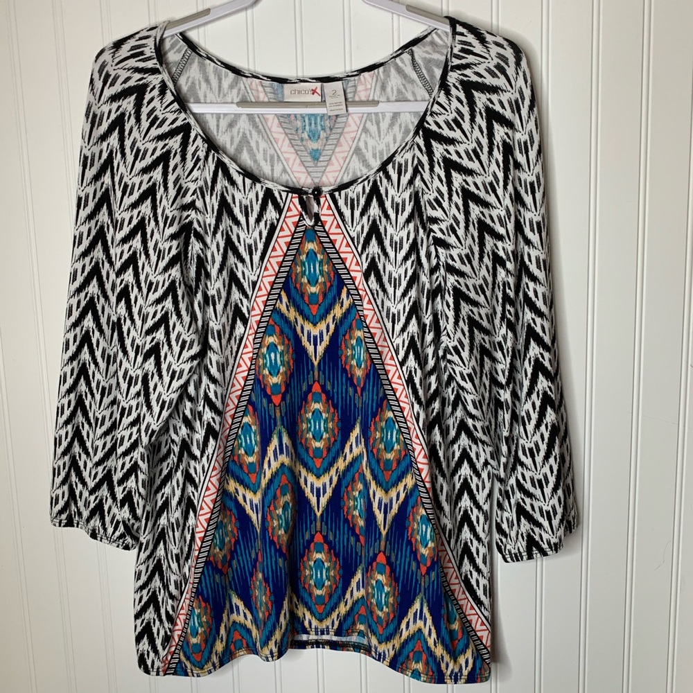 Chico's ikat black white 3/4 sleeveshirt size 12 L